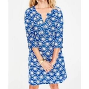 Boden 100% Linen Blue White Star Print V-Neck Mini Dress Women Size 6 Patriotic